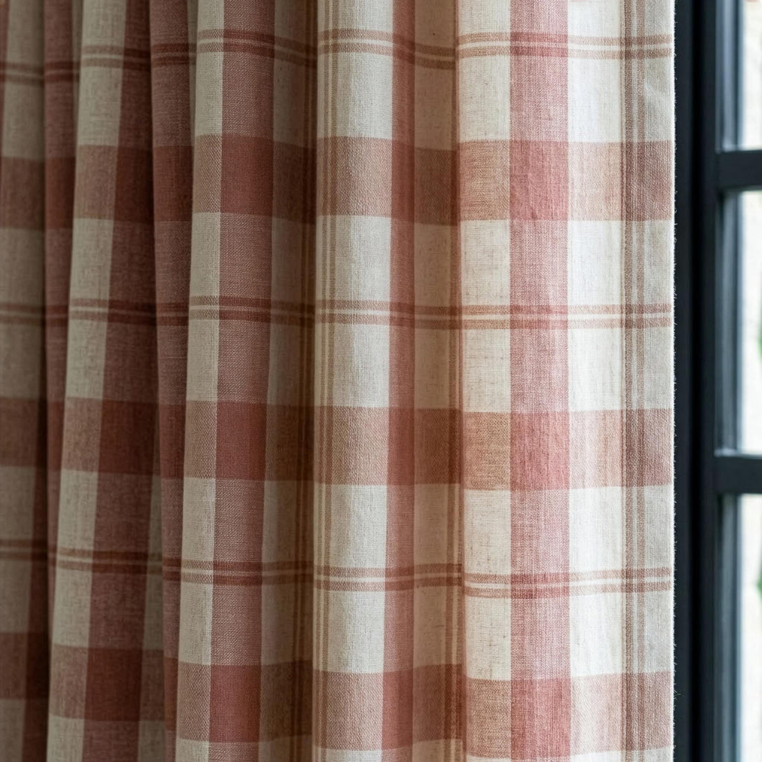Blush & Ivory Farmhouse Plaid Pure Linen Pinch Pleat Curtains, Custom Size, Blackout or Cotton Lined, Single or Pair — image 1