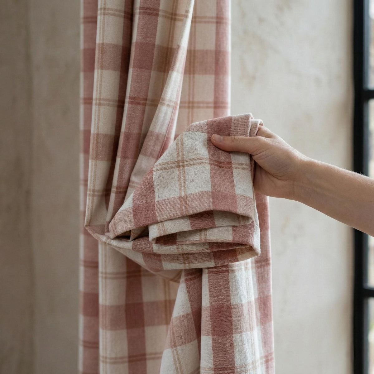 Blush & Ivory Farmhouse Plaid Pure Linen Pinch Pleat Curtains, Custom Size, Blackout or Cotton Lined, Single or Pair — image 10