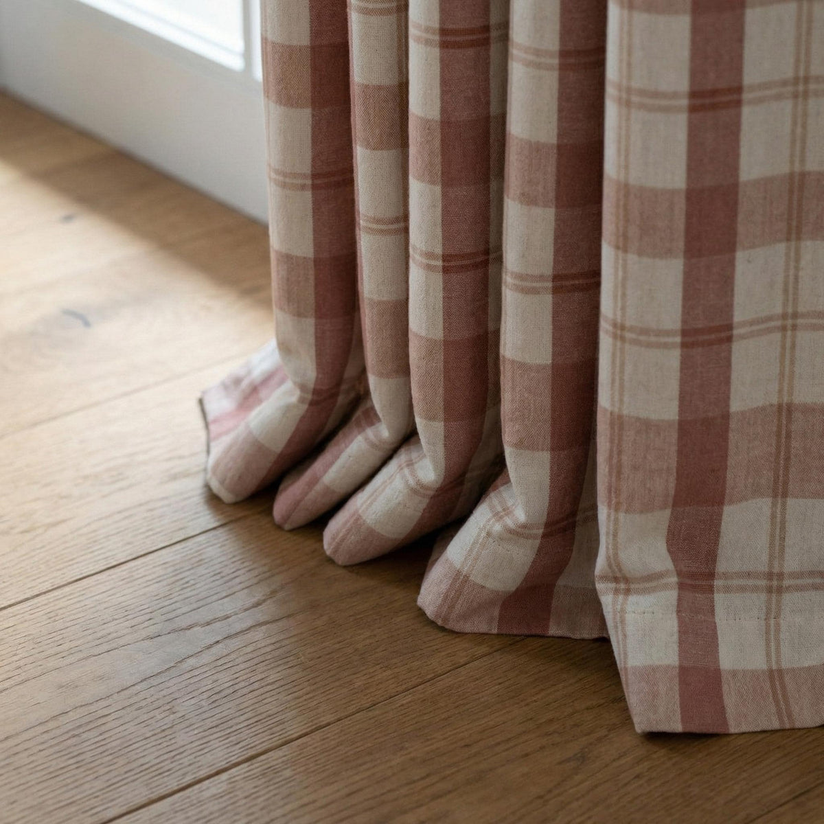 Blush & Ivory Farmhouse Plaid Pure Linen Pinch Pleat Curtains, Custom Size, Blackout or Cotton Lined, Single or Pair — image 8