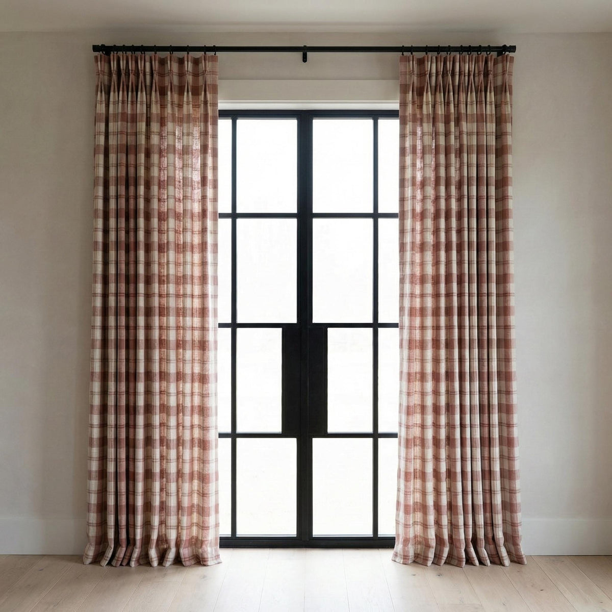 Blush & Ivory Farmhouse Plaid Pure Linen Pinch Pleat Curtains, Custom Size, Blackout or Cotton Lined, Single or Pair — image 5