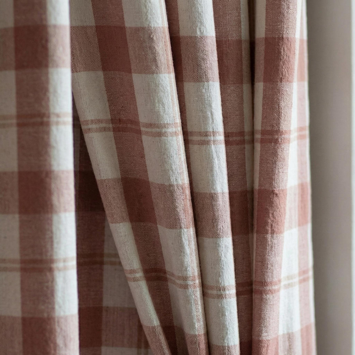 Blush & Ivory Farmhouse Plaid Pure Linen Pinch Pleat Curtains, Custom Size, Blackout or Cotton Lined, Single or Pair — image 6