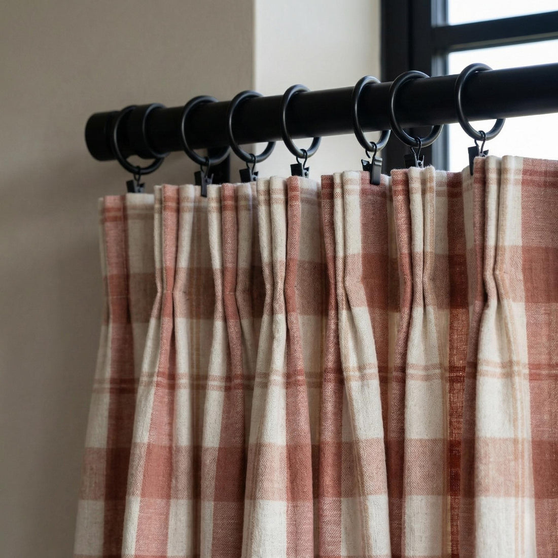 Blush & Ivory Farmhouse Plaid Pure Linen Pinch Pleat Curtains, Custom Size, Blackout or Cotton Lined, Single or Pair — image 1