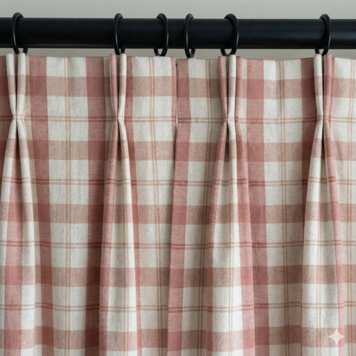 Blush & Ivory Farmhouse Plaid Pure Linen Pinch Pleat Curtains, Custom Size, Blackout or Cotton Lined, Single or Pair — image 9
