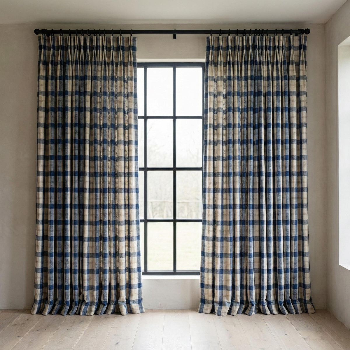 Blue & Natural Plaid Linen Pinch Pleat Curtains, Panel or Pair, Custom Sizes, Cotton Lined or 100% Blackout — image 7