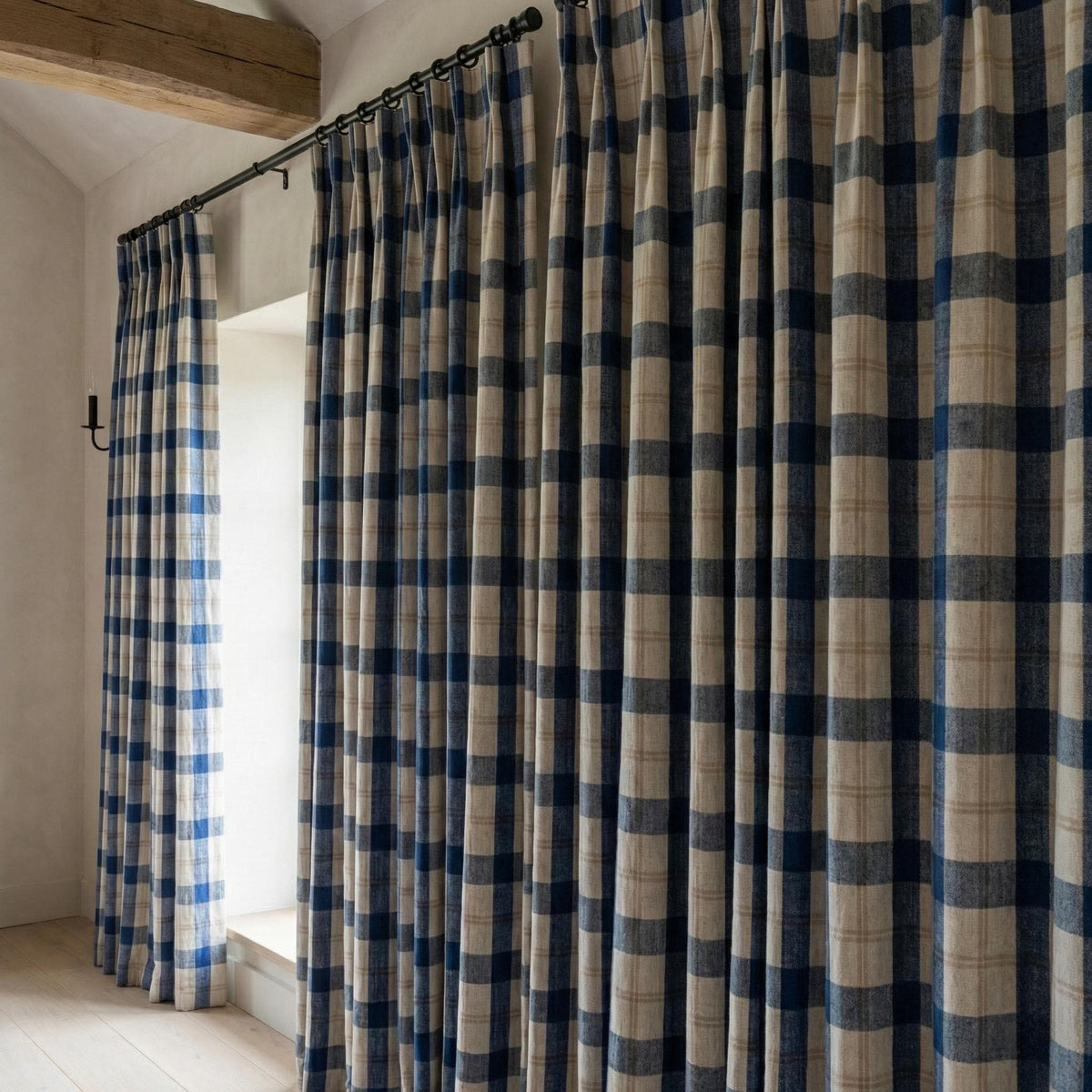 Blue & Natural Plaid Linen Pinch Pleat Curtains, Panel or Pair, Custom Sizes, Cotton Lined or 100% Blackout — image 5