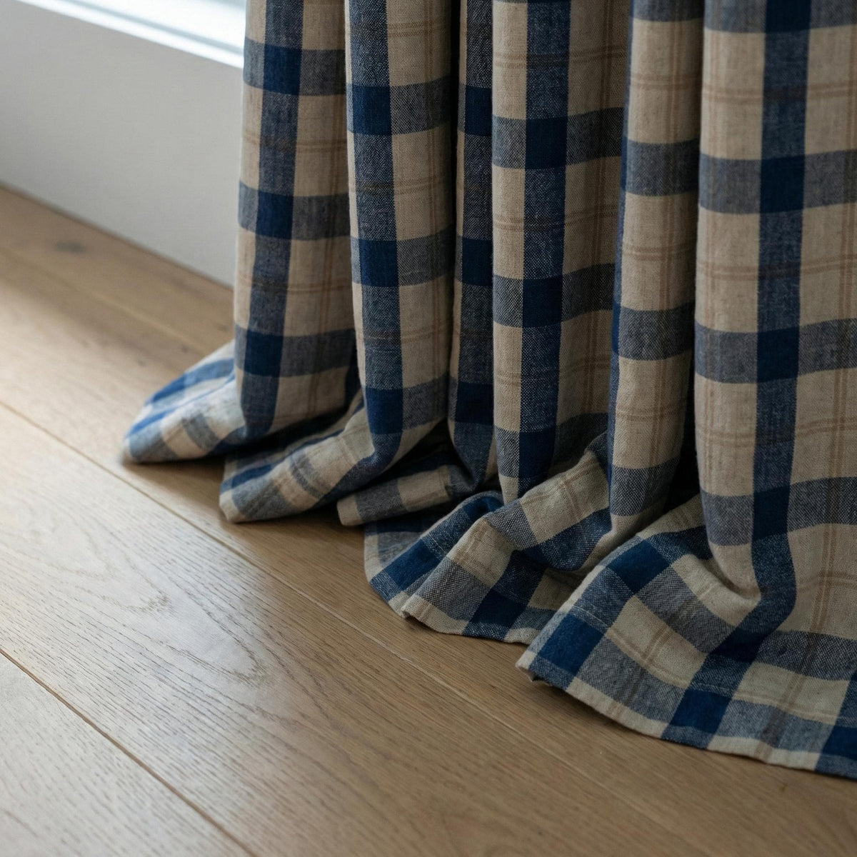 Blue & Natural Plaid Linen Pinch Pleat Curtains, Panel or Pair, Custom Sizes, Cotton Lined or 100% Blackout — image 8