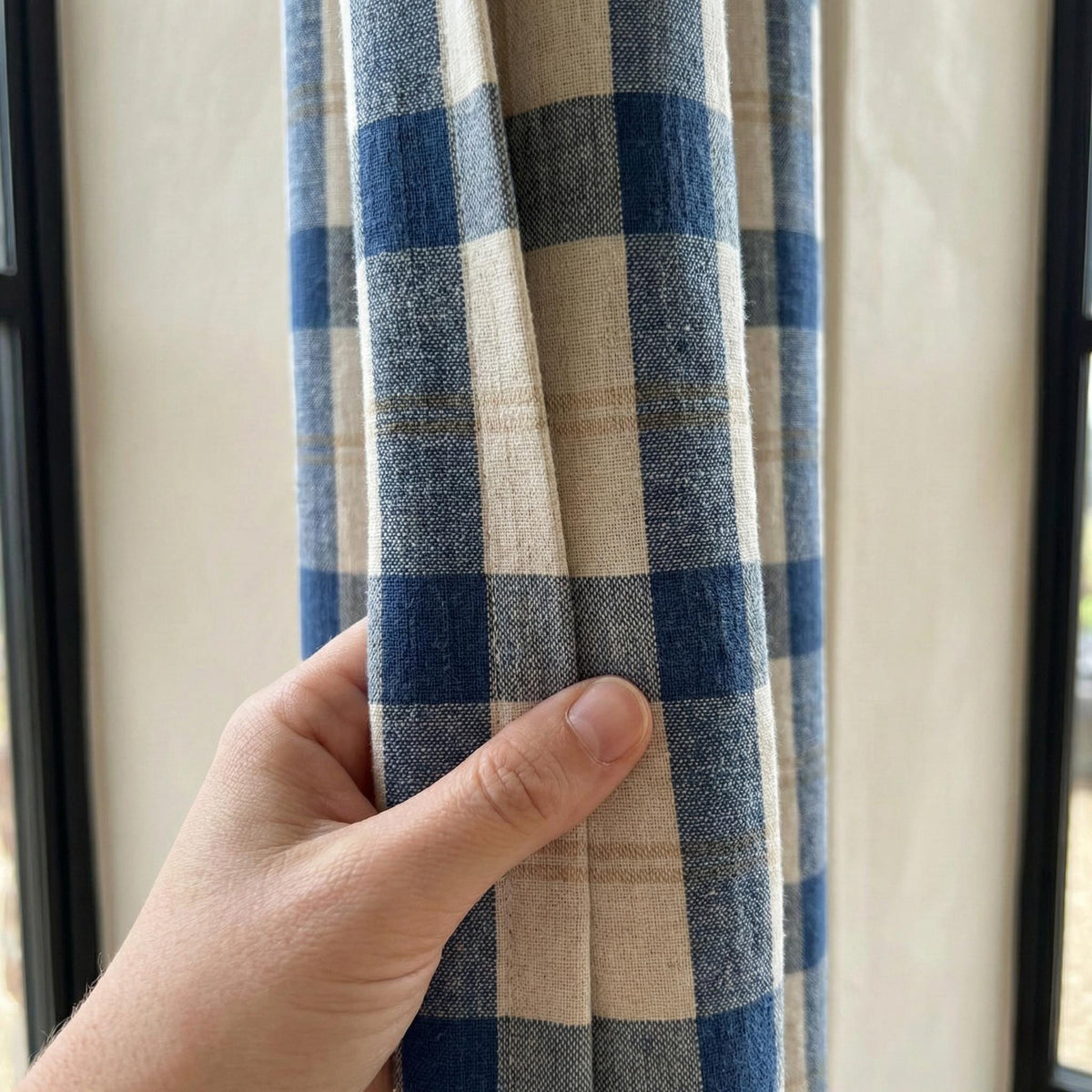 Blue & Natural Plaid Linen Pinch Pleat Curtains, Panel or Pair, Custom Sizes, Cotton Lined or 100% Blackout — image 9