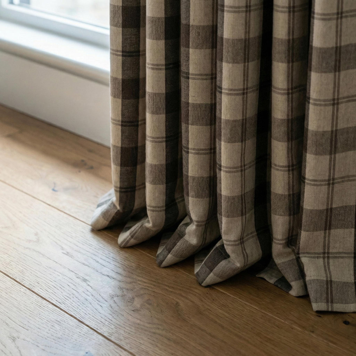 Charcoal & Natural Linen Plaid Pinch Pleat Curtains, Custom Drapes, Blackout or Cotton Lined, Single or Pair — image 8