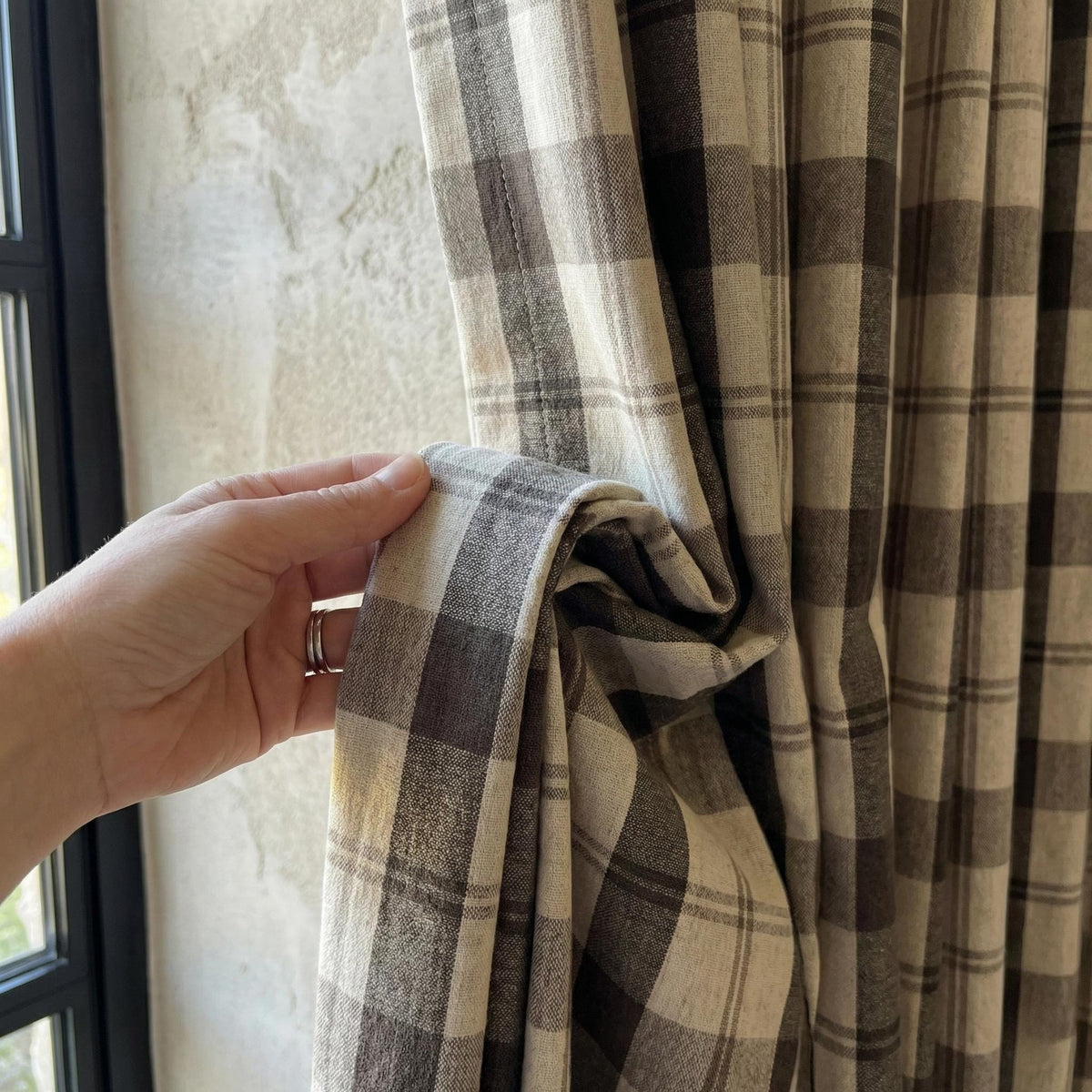Charcoal & Natural Linen Plaid Pinch Pleat Curtains, Custom Drapes, Blackout or Cotton Lined, Single or Pair — image 6