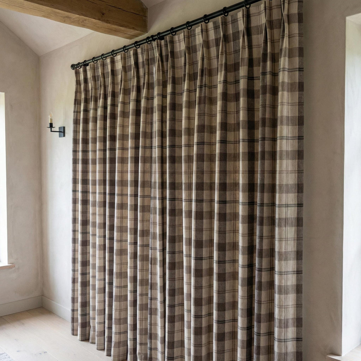 Charcoal & Natural Linen Plaid Pinch Pleat Curtains, Custom Drapes, Blackout or Cotton Lined, Single or Pair — image 7