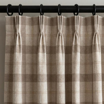 Taupe & Ivory Linen Plaid Pinch Pleat Curtains, Farmhouse Buffalo Check Drapes, Custom Sizes, Cotton or Blackout Lined — image 1