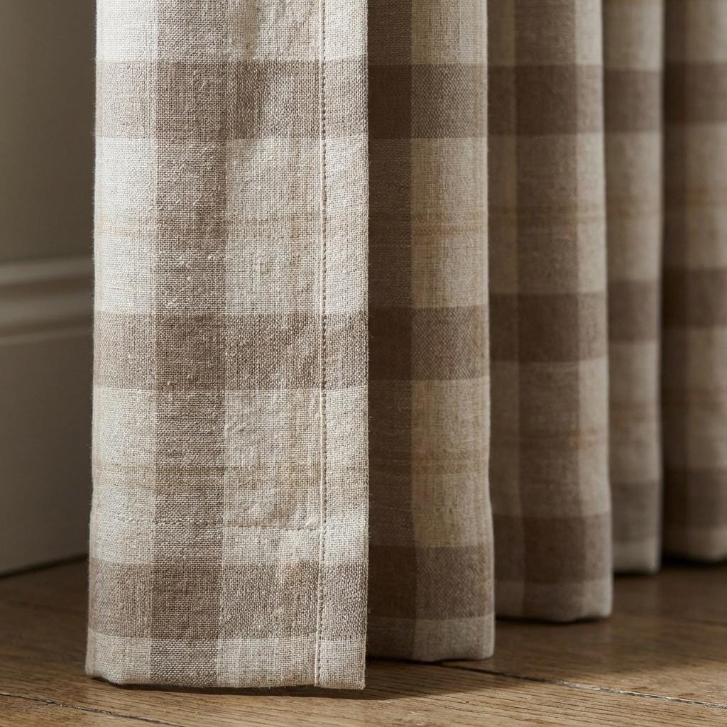 Taupe & Ivory Linen Plaid Pinch Pleat Curtains, Farmhouse Buffalo Check Drapes, Custom Sizes, Cotton or Blackout Lined — image 4