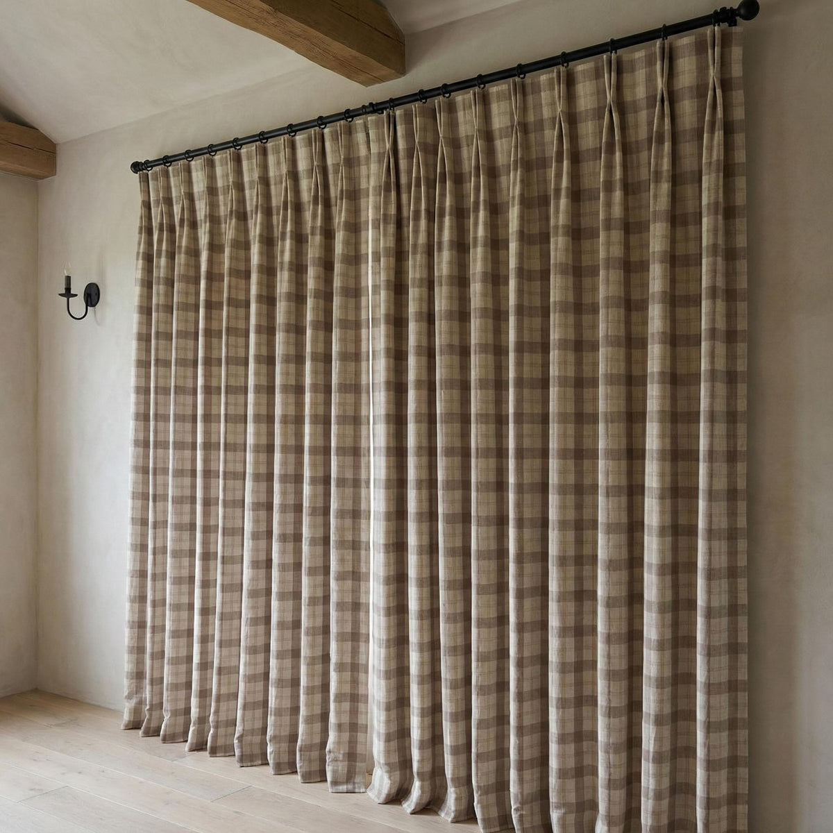 Taupe & Ivory Linen Plaid Pinch Pleat Curtains, Farmhouse Buffalo Check Drapes, Custom Sizes, Cotton or Blackout Lined — image 6