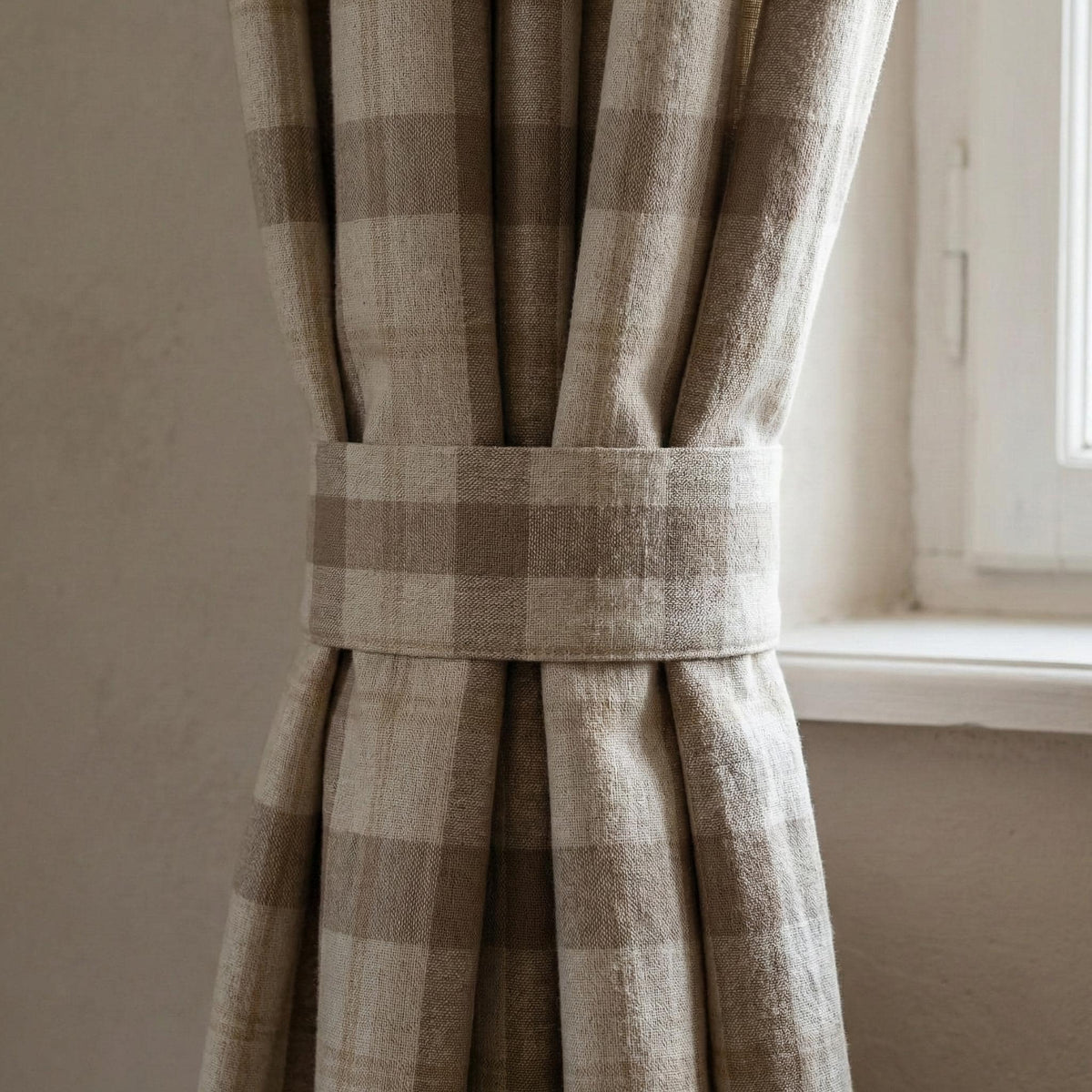 Taupe & Ivory Linen Plaid Pinch Pleat Curtains, Farmhouse Buffalo Check Drapes, Custom Sizes, Cotton or Blackout Lined — image 3