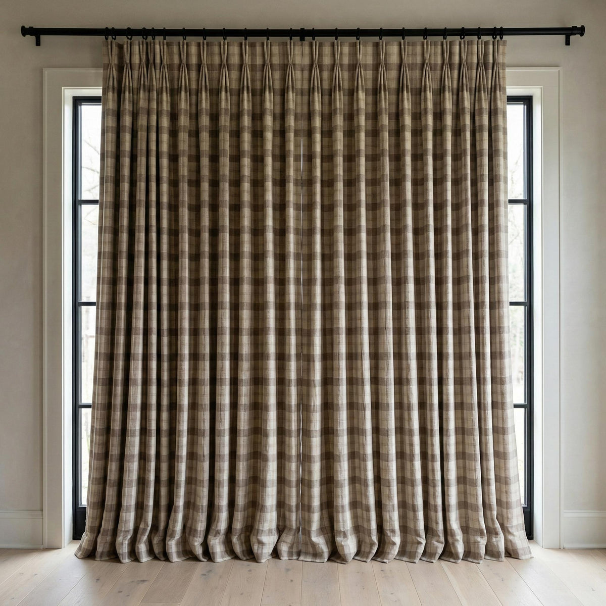Taupe & Ivory Linen Plaid Pinch Pleat Curtains, Farmhouse Buffalo Check Drapes, Custom Sizes, Cotton or Blackout Lined — image 8