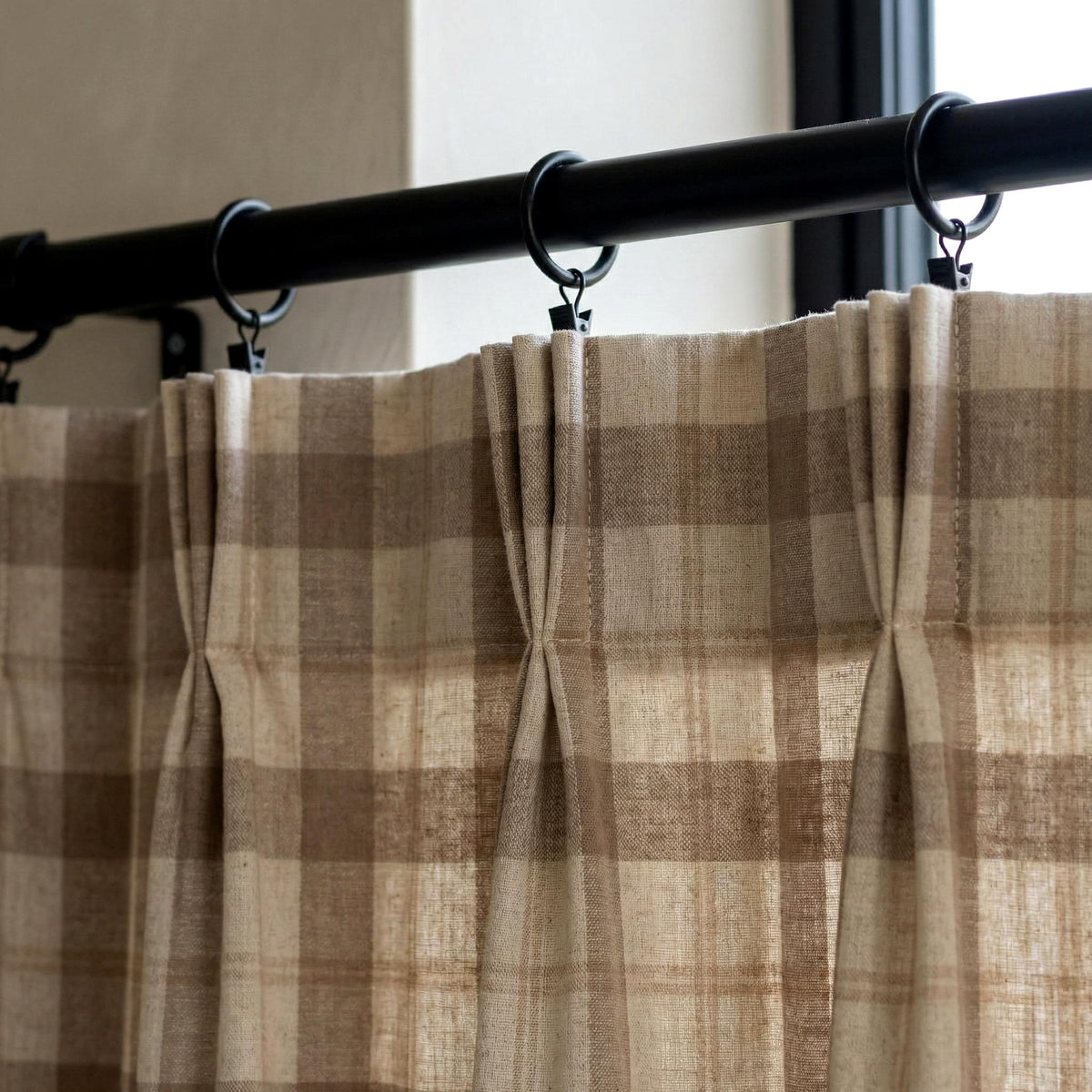 Taupe & Ivory Linen Plaid Pinch Pleat Curtains, Farmhouse Buffalo Check Drapes, Custom Sizes, Cotton or Blackout Lined — image 5