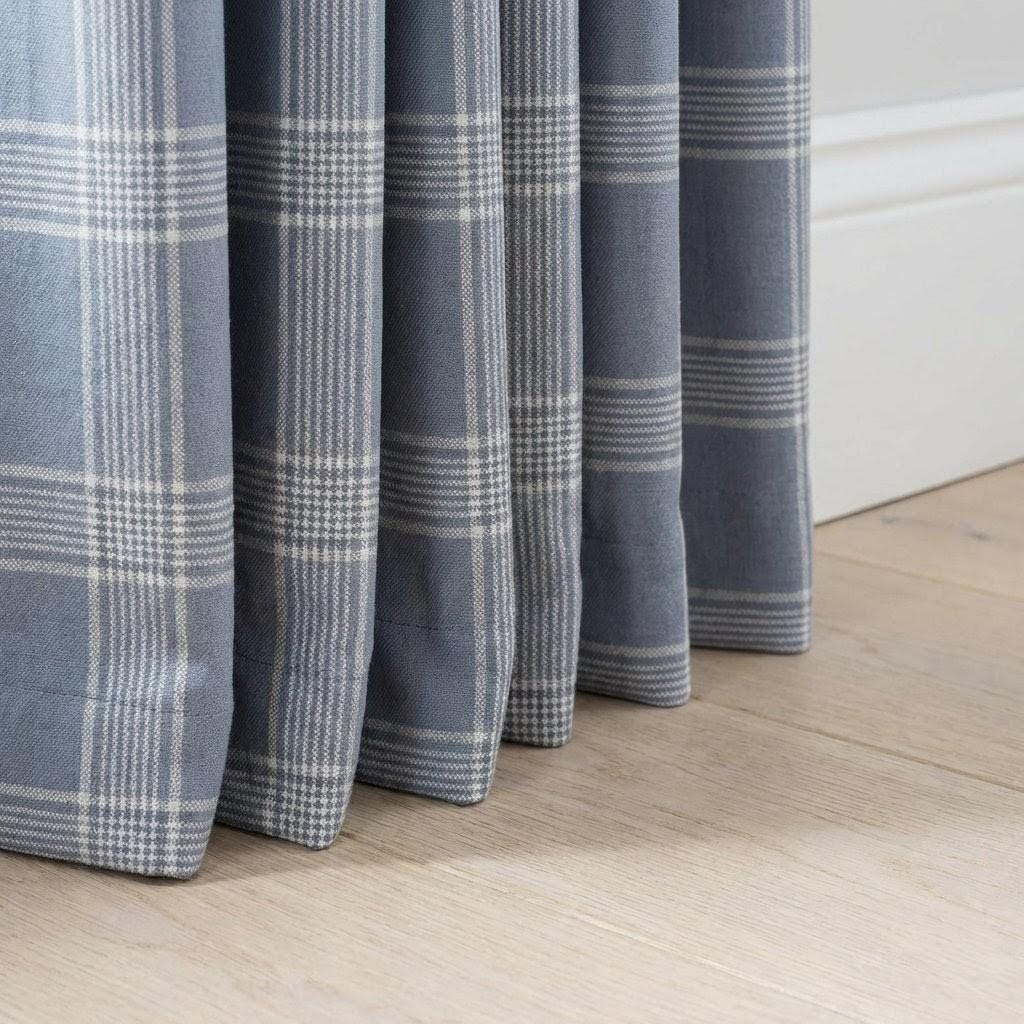 Dusty Blue Plaid Organic Linen Curtains, Farmhouse Windowpane Check Drapes, Cotton Lined or Blackout, 50/100 Wide Custom — image 9
