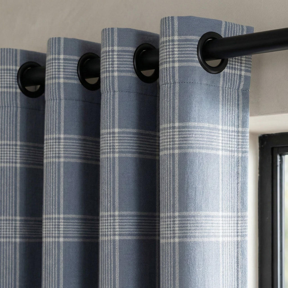 Dusty Blue Plaid Organic Linen Curtains, Farmhouse Windowpane Check Drapes, Cotton Lined or Blackout, 50/100 Wide Custom — image 1