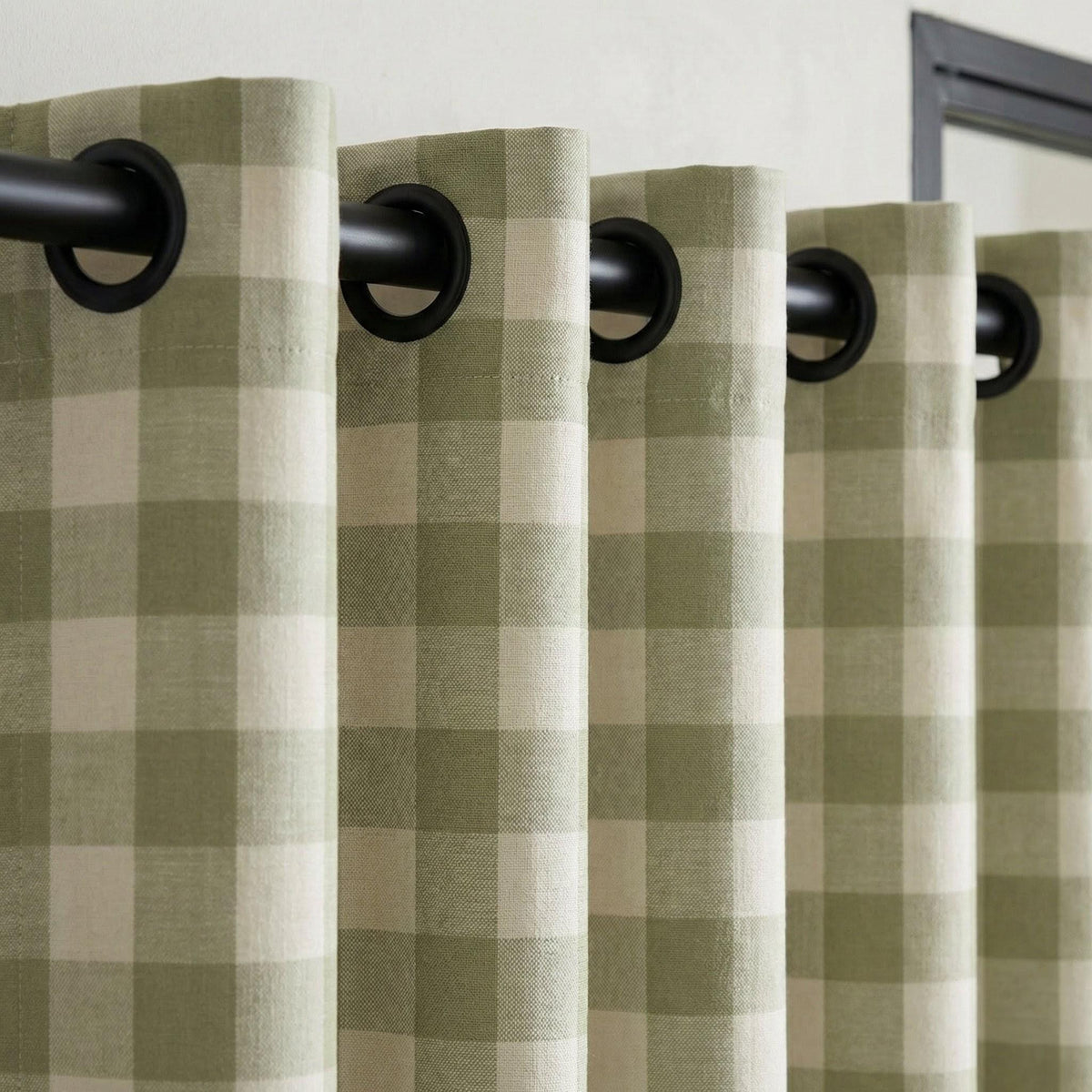 Organic Linen Gingham Curtains, Sage Green & Cream Buffalo Check, Custom Size, Cotton Lined or Blackout, 50”/100” Wide — image 4
