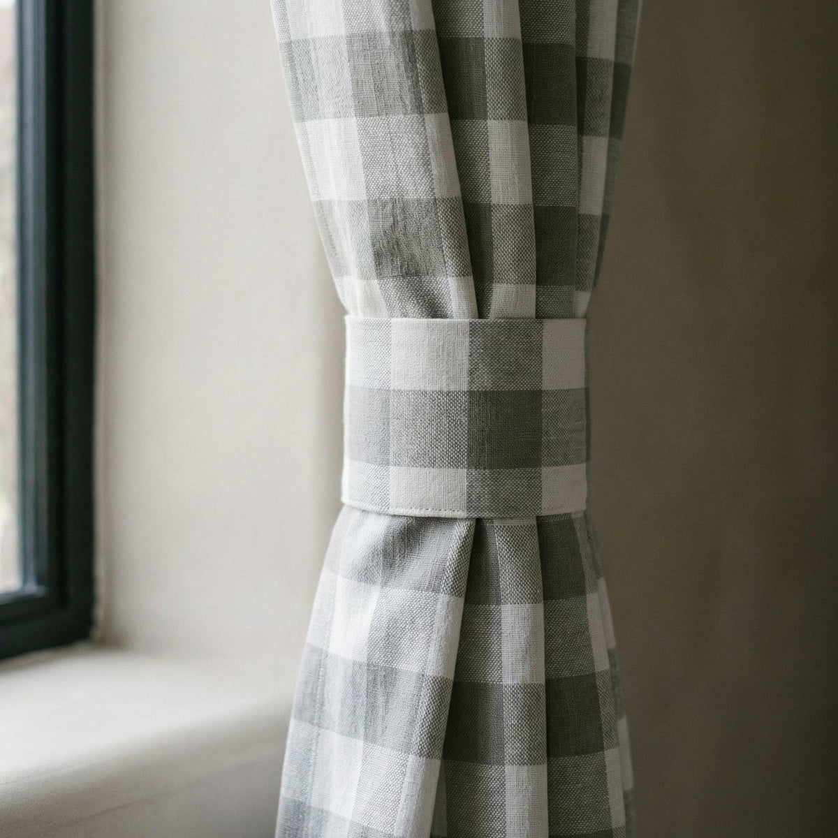 Organic Linen Gingham Curtains, Grey & White Buffalo Check Farmhouse Drapes, Custom, Cotton Lined or Blackout, 4 Headers — image 6