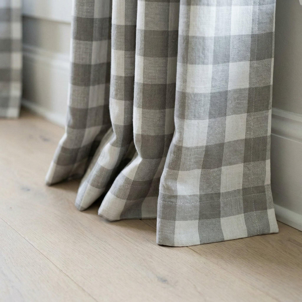 Organic Linen Gingham Curtains, Grey & White Buffalo Check Farmhouse Drapes, Custom, Cotton Lined or Blackout, 4 Headers — image 7