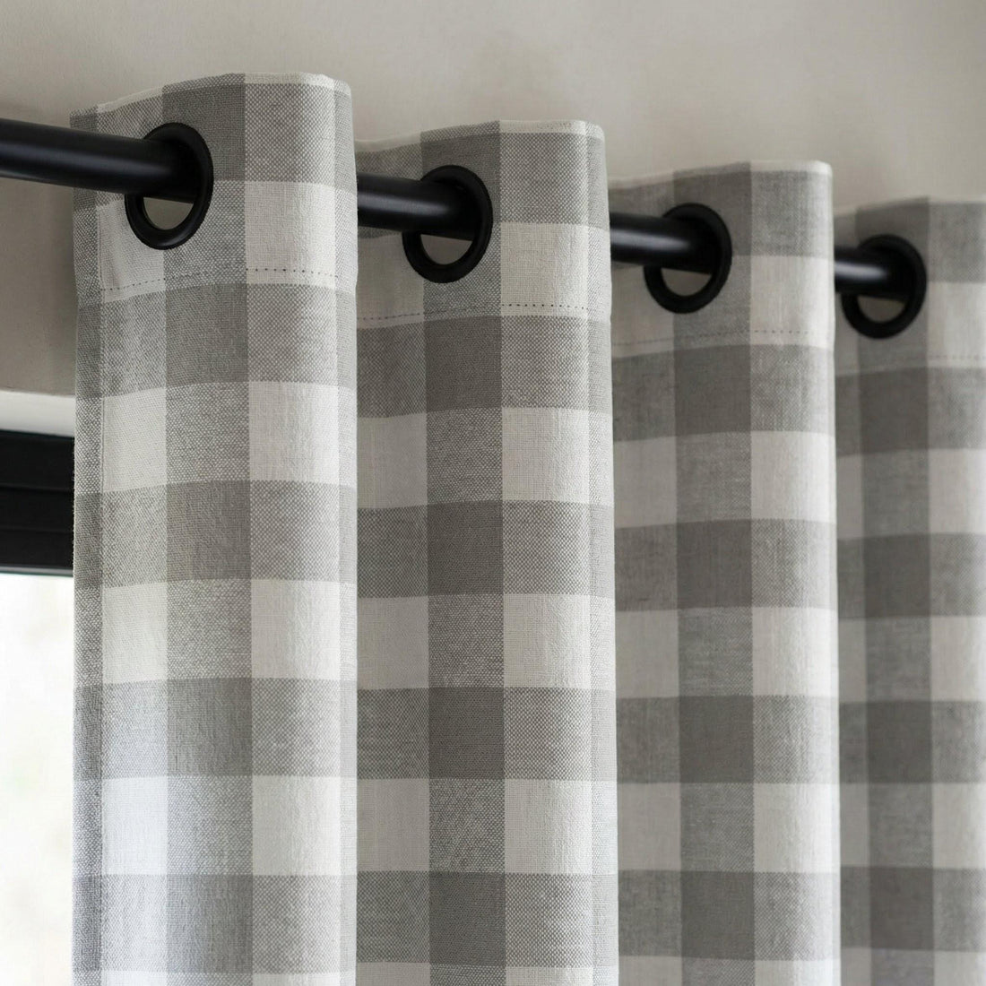 Organic Linen Gingham Curtains, Grey & White Buffalo Check Farmhouse Drapes, Custom, Cotton Lined or Blackout, 4 Headers — image 1