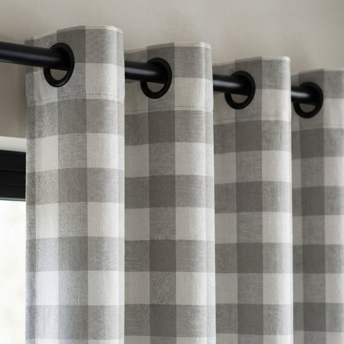 Organic Linen Gingham Curtains, Grey & White Buffalo Check Farmhouse Drapes, Custom, Cotton Lined or Blackout, 4 Headers — image 2