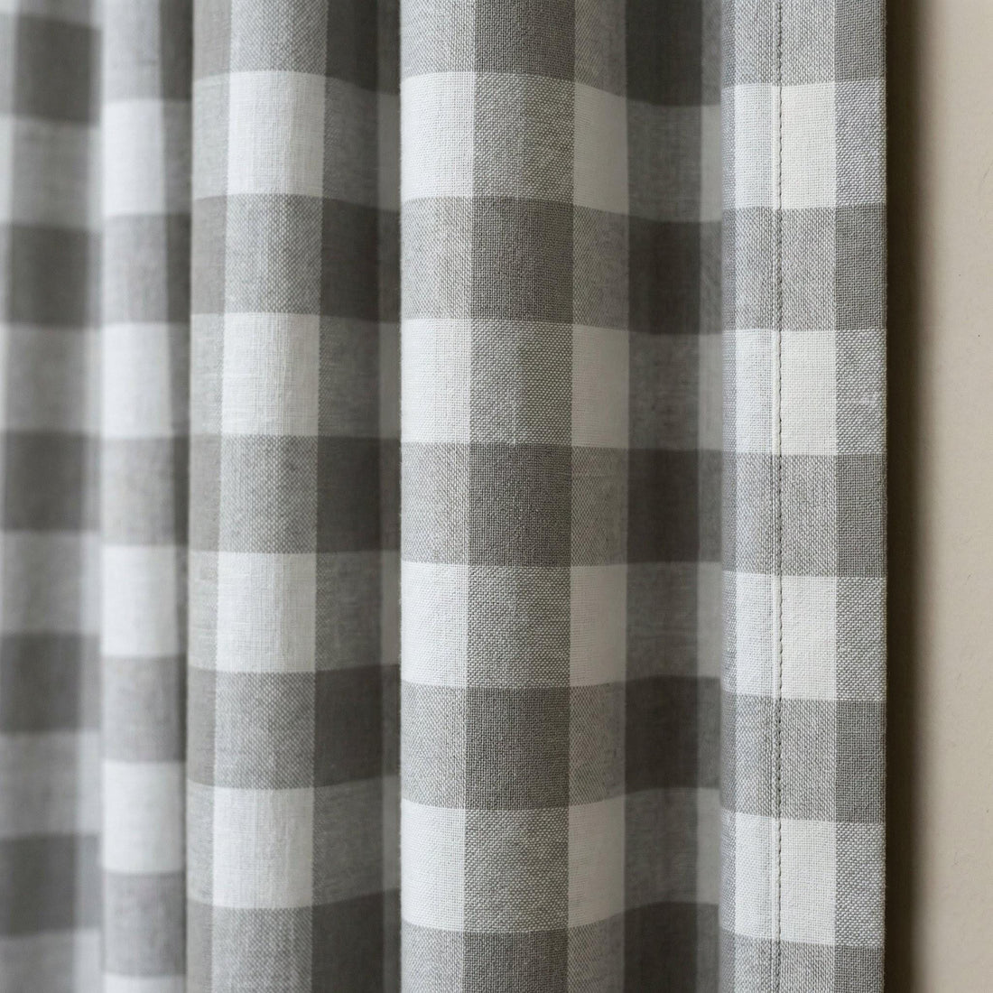 Organic Linen Gingham Curtains, Grey & White Buffalo Check Farmhouse Drapes, Custom, Cotton Lined or Blackout, 4 Headers — image 1