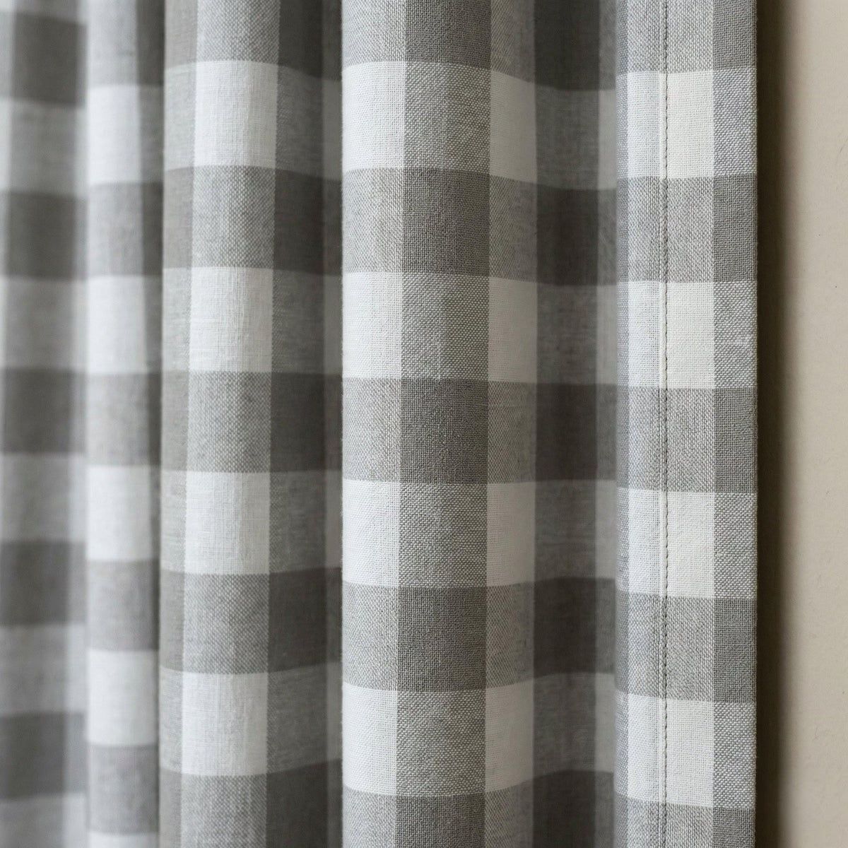 Organic Linen Gingham Curtains, Grey & White Buffalo Check Farmhouse Drapes, Custom, Cotton Lined or Blackout, 4 Headers — image 1