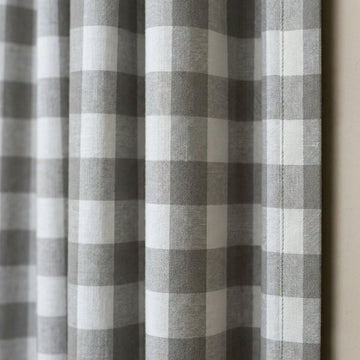 Organic Linen Gingham Curtains, Grey & White Buffalo Check Farmhouse Drapes, Custom, Cotton Lined or Blackout, 4 Headers — image 1