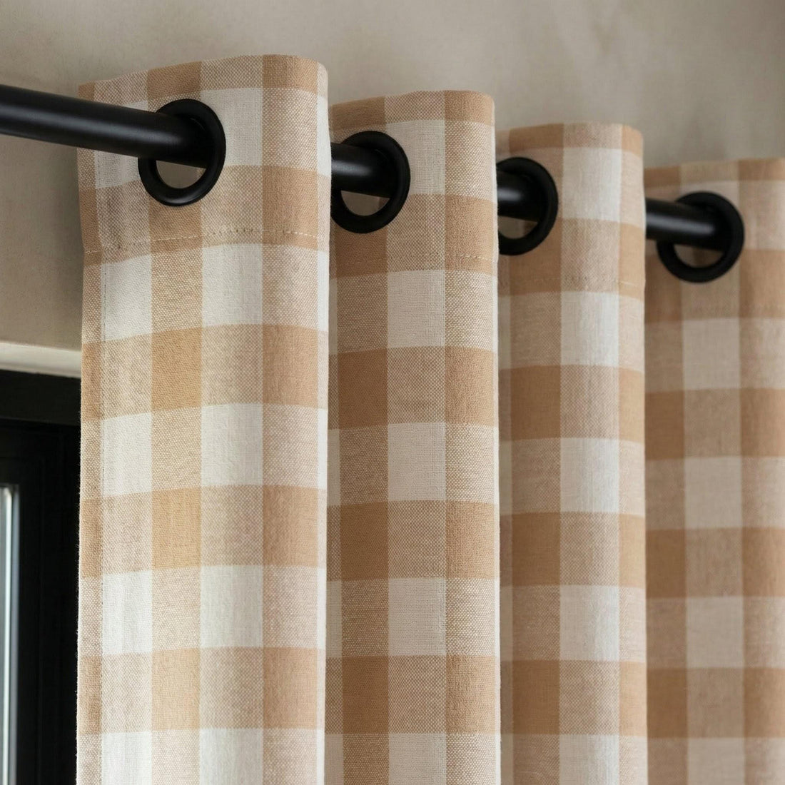 Organic Linen Gingham Curtains, Camel Tan & Ivory Buffalo Check Farmhouse Drapes, Custom, Cotton Lined or Blackout, 4 Headers — image 1