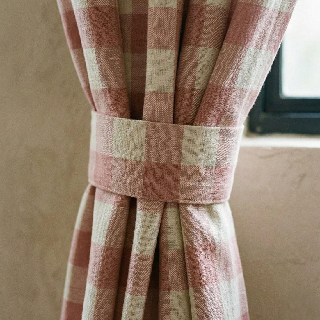 Organic Linen Gingham Curtains, Dusty Rose & Ivory Buffalo Check Farmhouse Drapes, Custom, Cotton Lined or Blackout, 4 Headers — image 1