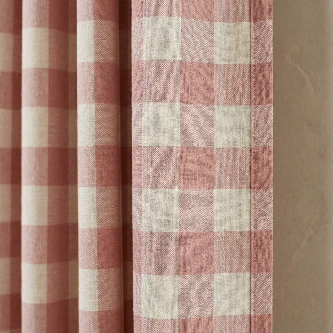 Organic Linen Gingham Curtains, Dusty Rose & Ivory Buffalo Check Farmhouse Drapes, Custom, Cotton Lined or Blackout, 4 Headers — image 1