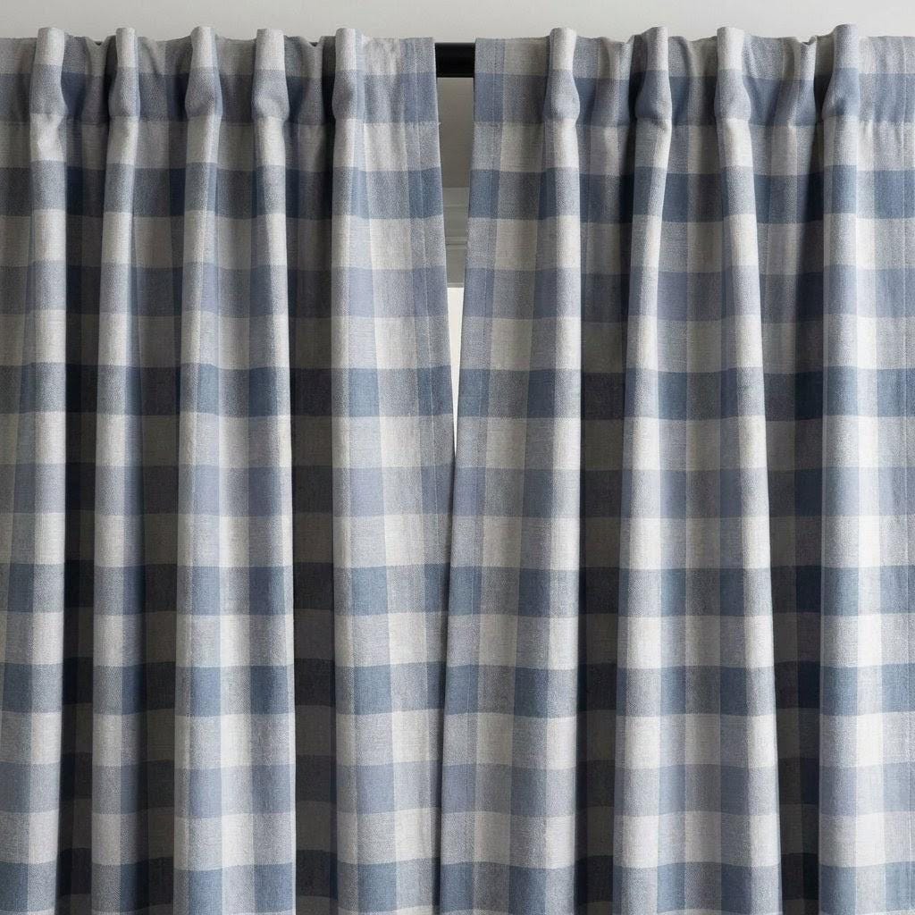 Organic Linen Gingham Curtains, Blue & Ivory Buffalo Check Farmhouse Drapes, Custom, Cotton Lined or Blackout, 4 Headers — image 9