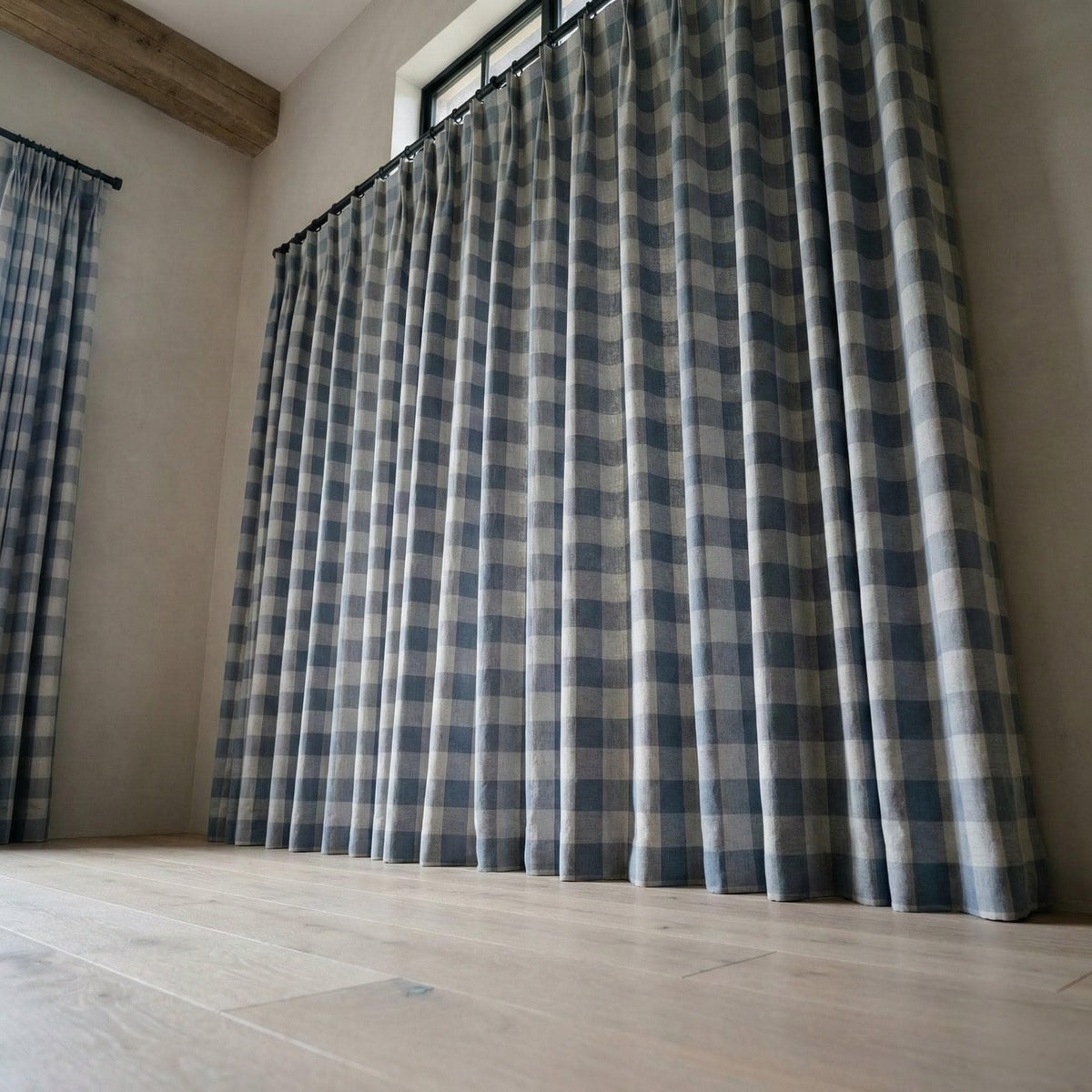 Organic Linen Gingham Curtains, Blue & Ivory Buffalo Check Farmhouse Drapes, Custom, Cotton Lined or Blackout, 4 Headers — image 5