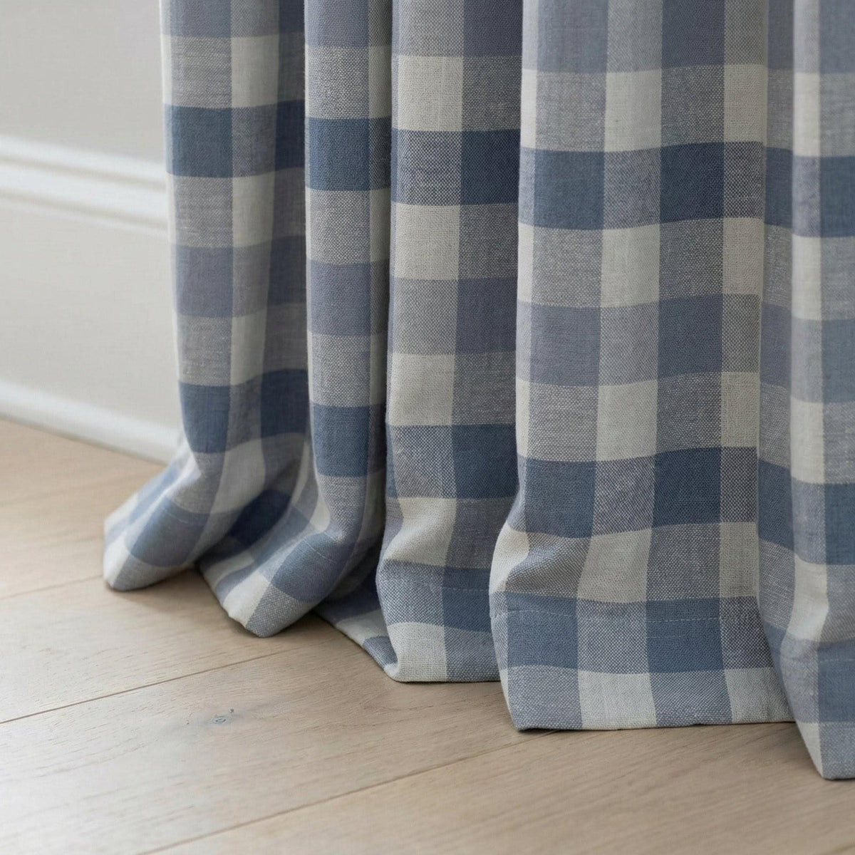 Organic Linen Gingham Curtains, Blue & Ivory Buffalo Check Farmhouse Drapes, Custom, Cotton Lined or Blackout, 4 Headers — image 4