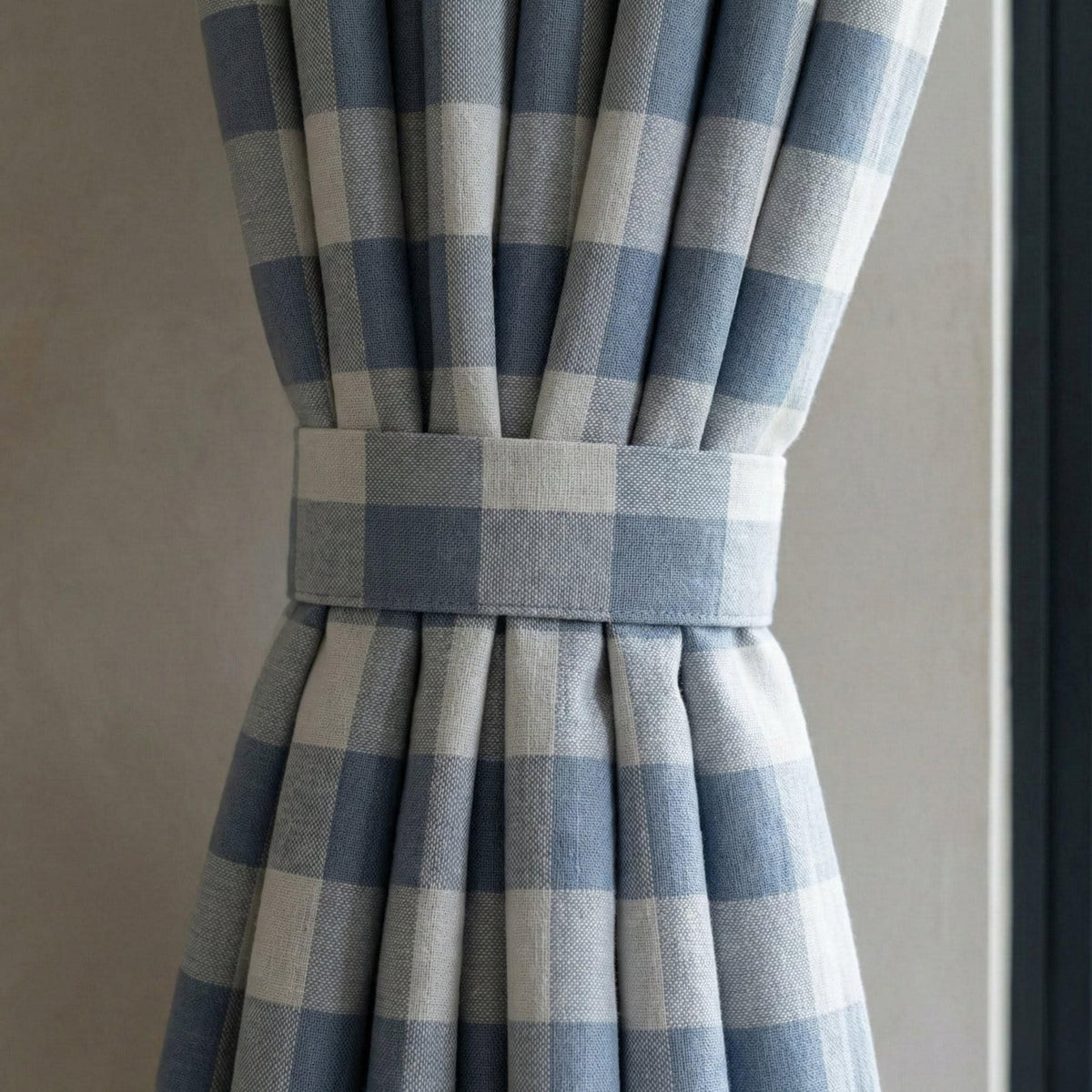 Organic Linen Gingham Curtains, Blue & Ivory Buffalo Check Farmhouse Drapes, Custom, Cotton Lined or Blackout, 4 Headers — image 2