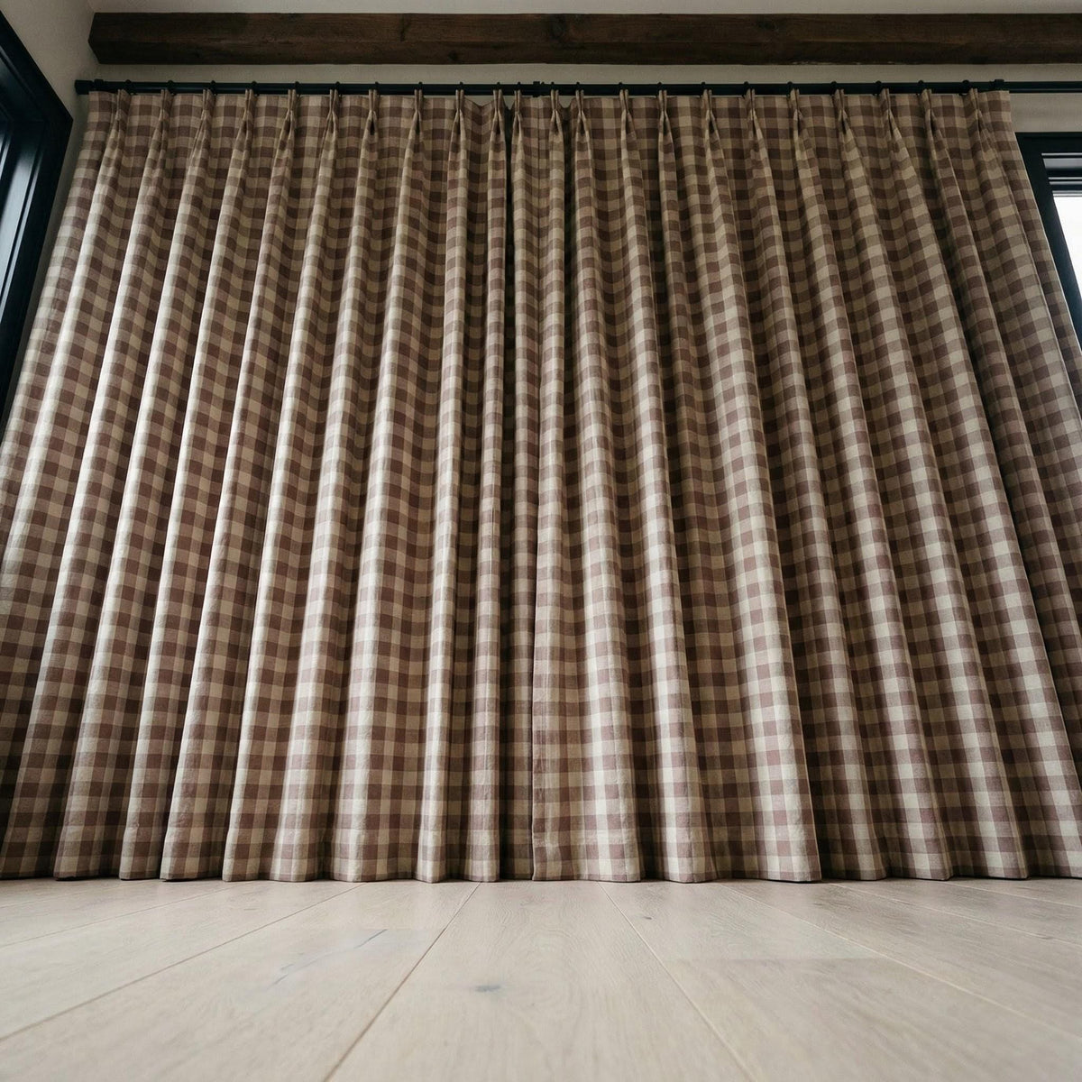 Organic Linen Gingham Curtains, Mauve Taupe & Ivory Buffalo Check Farmhouse Drapes, Custom, Cotton Lined/Blackout, 4 Headers — image 3