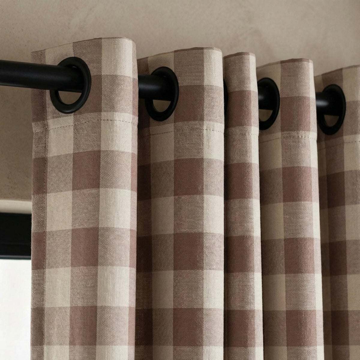 Organic Linen Gingham Curtains, Mauve Taupe & Ivory Buffalo Check Farmhouse Drapes, Custom, Cotton Lined/Blackout, 4 Headers — image 4