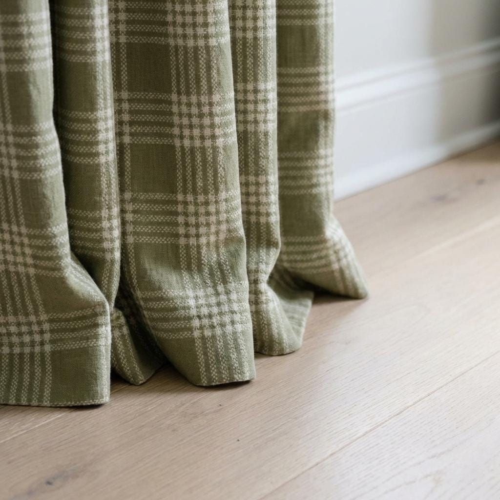 Organic Linen Sage Plaid Curtains, Green & Ivory Windowpane Tartan Farmhouse Drapes, Custom, Cotton Lined/Blackout, 4 Headers — image 8