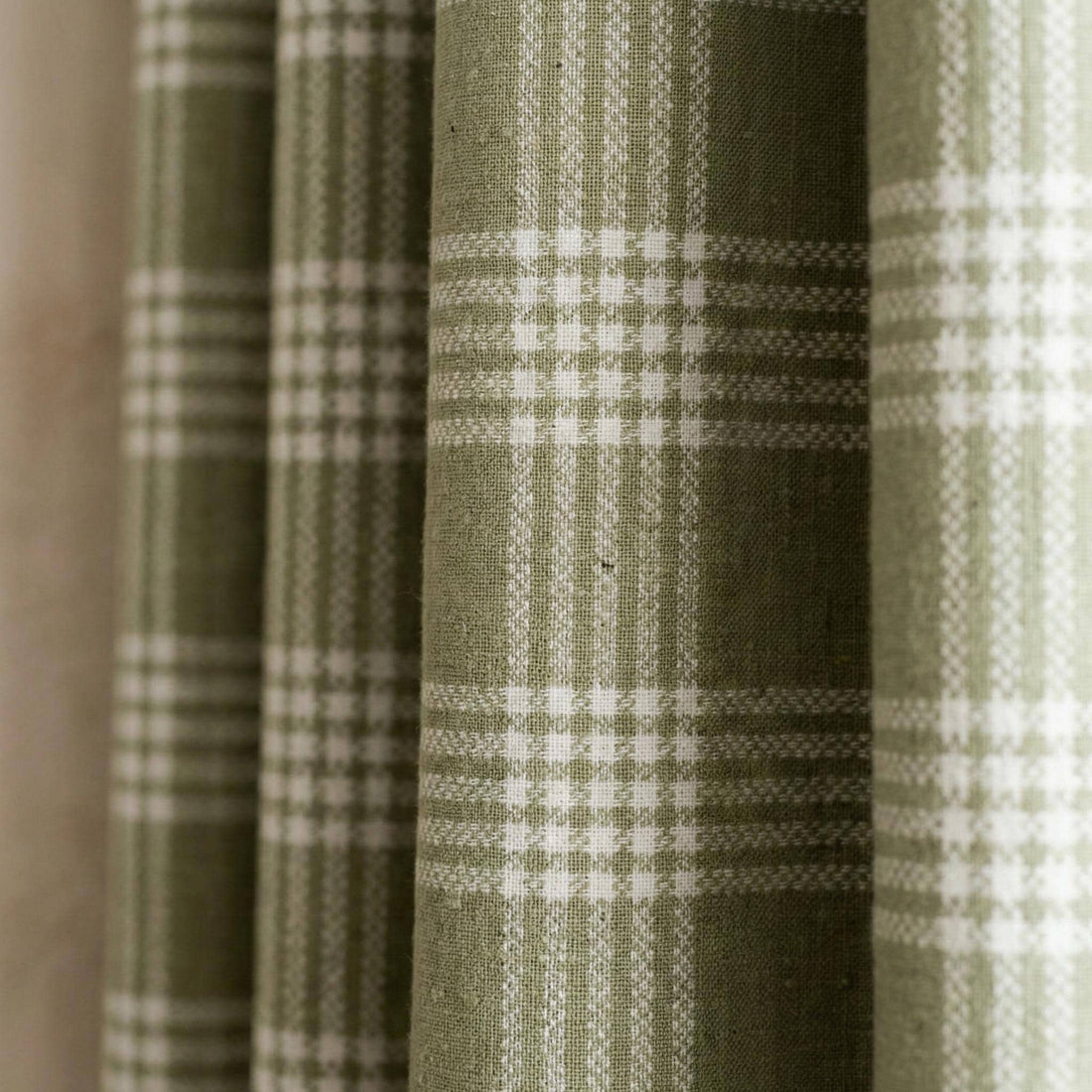 Organic Linen Sage Plaid Curtains, Green & Ivory Windowpane Tartan Farmhouse Drapes, Custom, Cotton Lined/Blackout, 4 Headers — image 1
