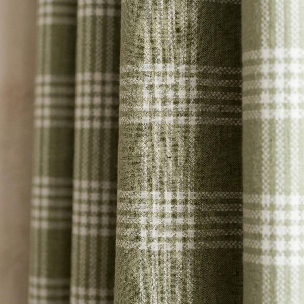 Organic Linen Sage Plaid Curtains, Green & Ivory Windowpane Tartan Farmhouse Drapes, Custom, Cotton Lined/Blackout, 4 Headers — image 1