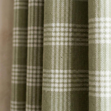 Organic Linen Sage Plaid Curtains, Green & Ivory Windowpane Tartan Farmhouse Drapes, Custom, Cotton Lined/Blackout, 4 Headers — image 1
