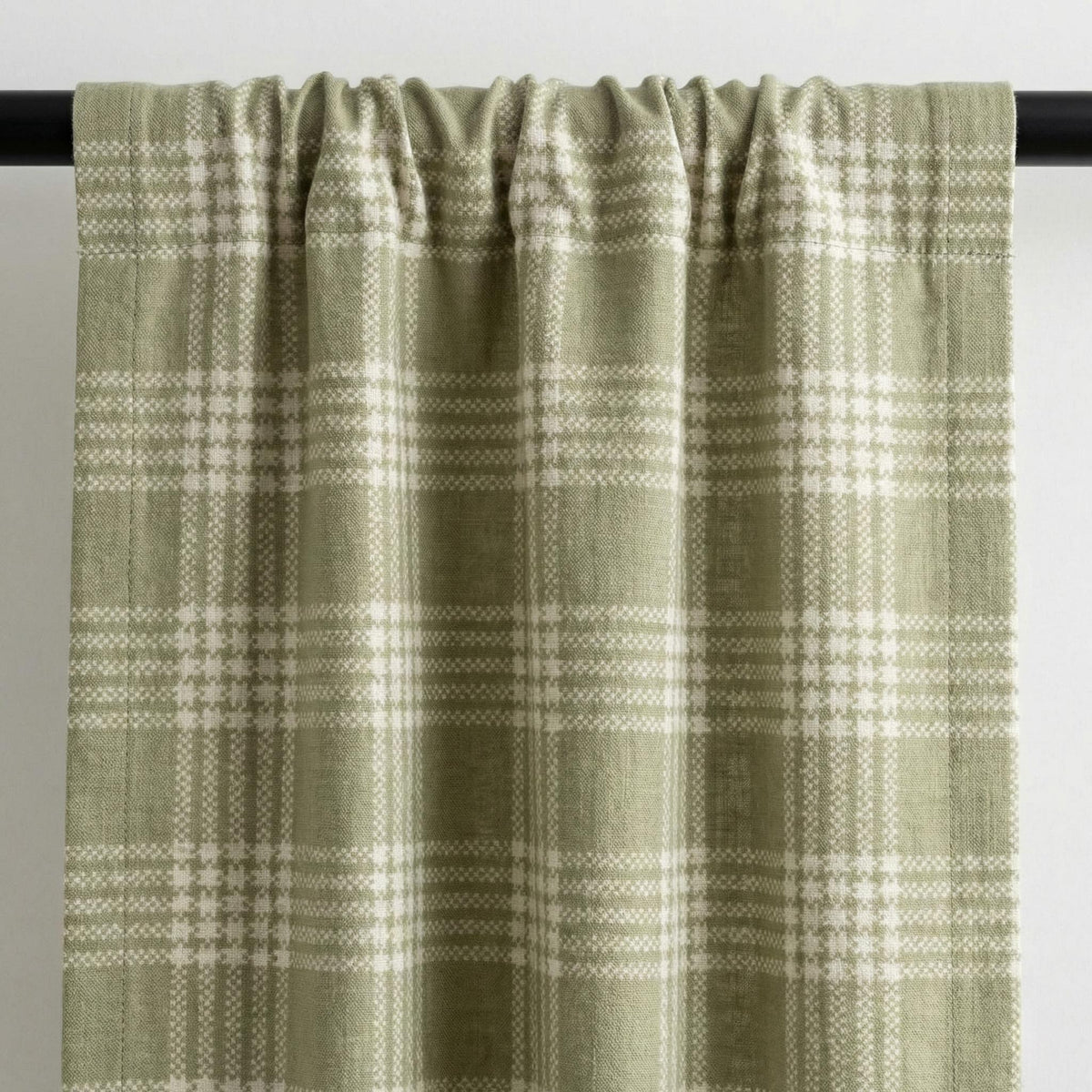 Organic Linen Sage Plaid Curtains, Green & Ivory Windowpane Tartan Farmhouse Drapes, Custom, Cotton Lined/Blackout, 4 Headers — image 9