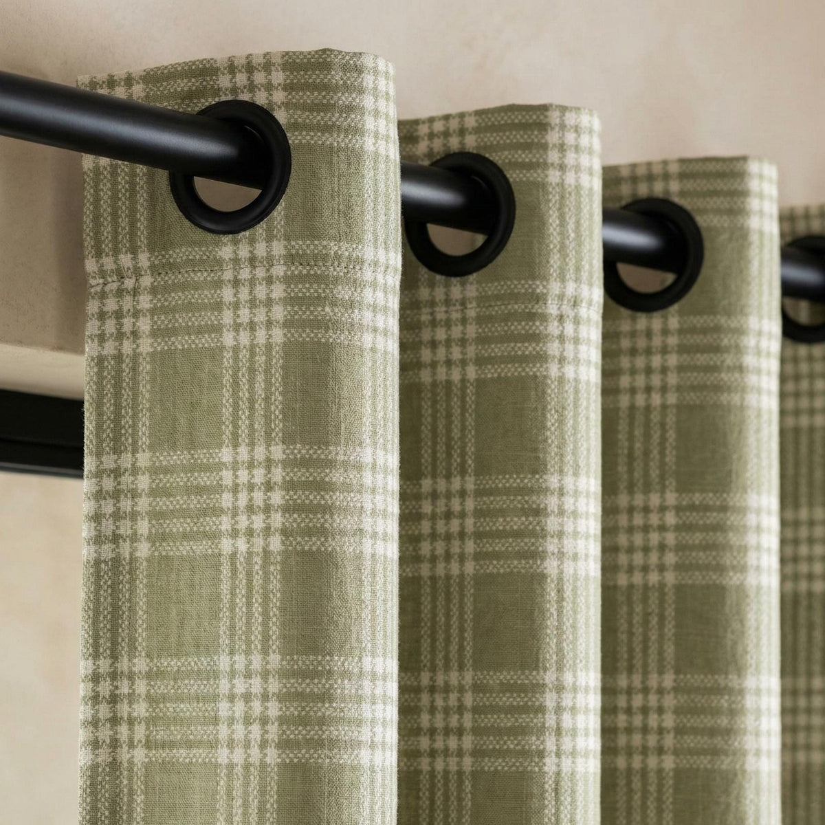 Organic Linen Sage Plaid Curtains, Green & Ivory Windowpane Tartan Farmhouse Drapes, Custom, Cotton Lined/Blackout, 4 Headers — image 4