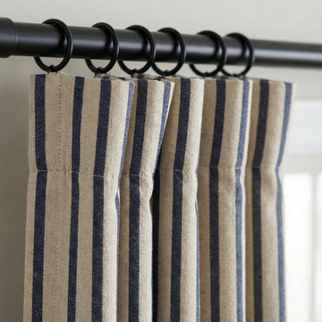 Natural Oatmeal & Navy Stripe Linen Curtains, Farmhouse Ticking Drapes, Custom Extra Long/Wide, Unlined/Cotton Lined/Blackout — image 1
