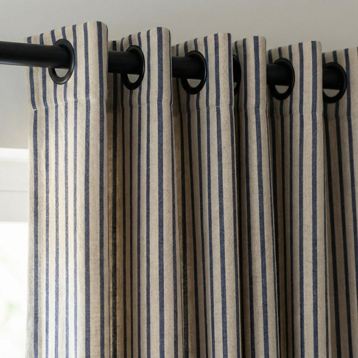 Natural Oatmeal & Navy Stripe Linen Curtains, Farmhouse Ticking Drapes, Custom Extra Long/Wide, Unlined/Cotton Lined/Blackout — image 4