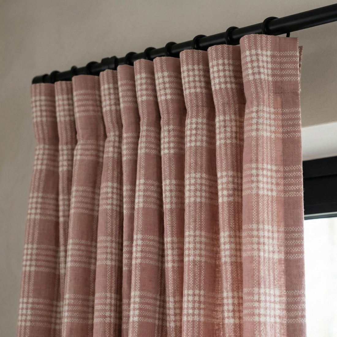 Blush Pink Plaid Linen Curtains, Farmhouse Windowpane Check Panels — image 1