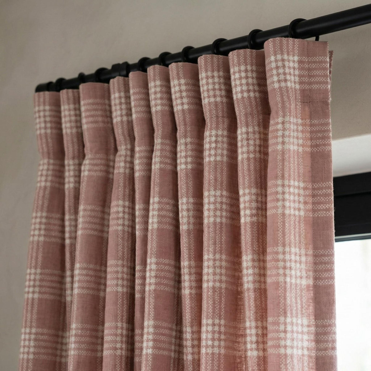 Blush Pink Plaid Linen Curtains, Farmhouse Windowpane Check Panels — image 1