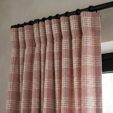 Blush Pink Plaid Linen Curtains, Farmhouse Windowpane Check Panels — image 1